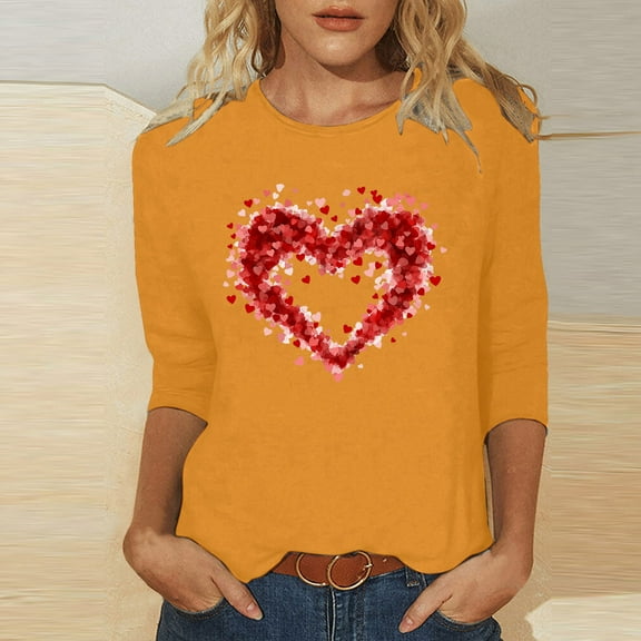CFLVAEK Valentine's Day Shirts for Women Cute Love Heart Graphic T Shirts Plus Size Round Neck Shirt Loose Fit 3/4 Sleeve Holiday Tops 2025 XXL