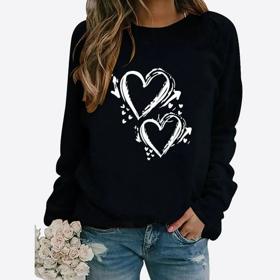 CFLVAEK Valentines Day Shirts Women Cute Double Heart Graphic T Shirts Casual Long Sleeve Blouse Tops Comfy Round Neck Holiday Shirt L