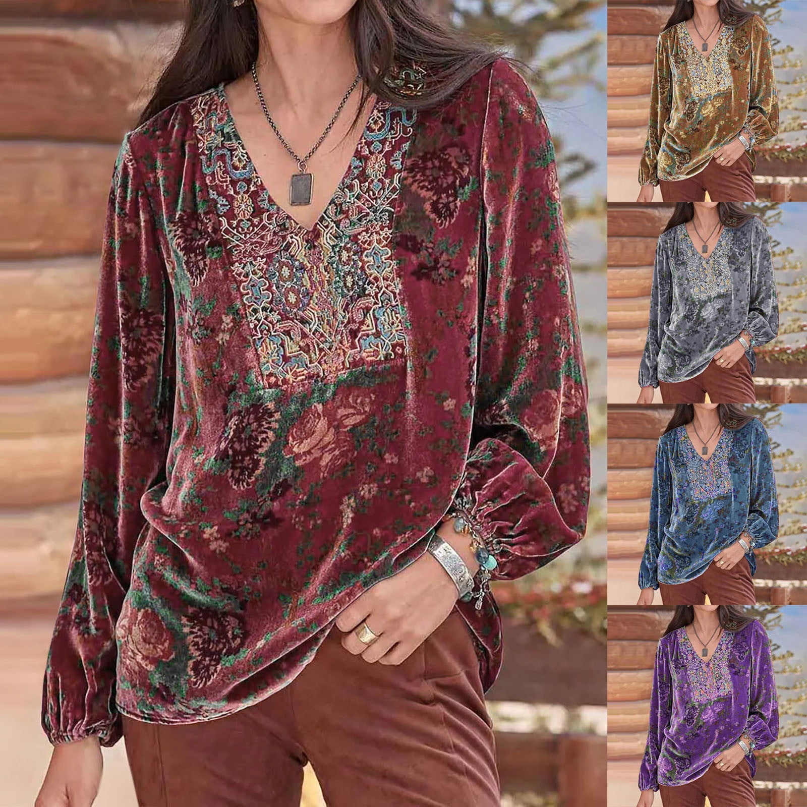 CFLVAEK Velvet Shirts for Women Plus Size Long Sleeve Blouses Vintage