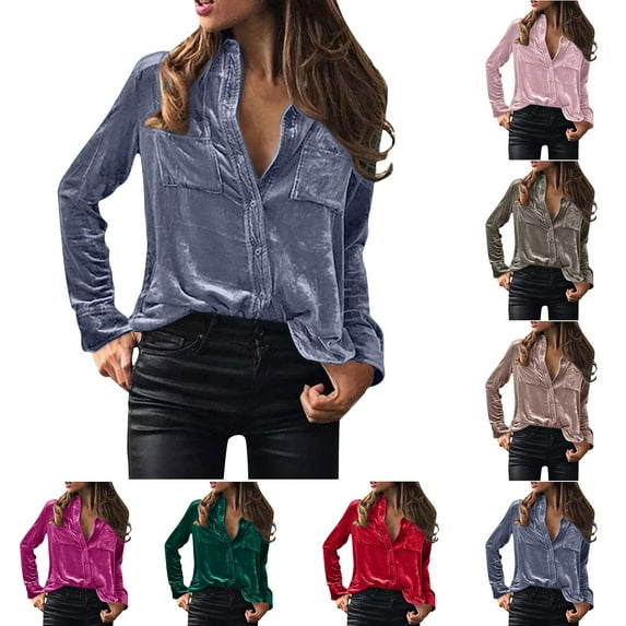 CFLVAEK Velvet Tops for Women Casual Button Down Shirts Comfy Long Sleeve Lapel Blouses Solid Color Fall Winter Going Out Shirts Red S