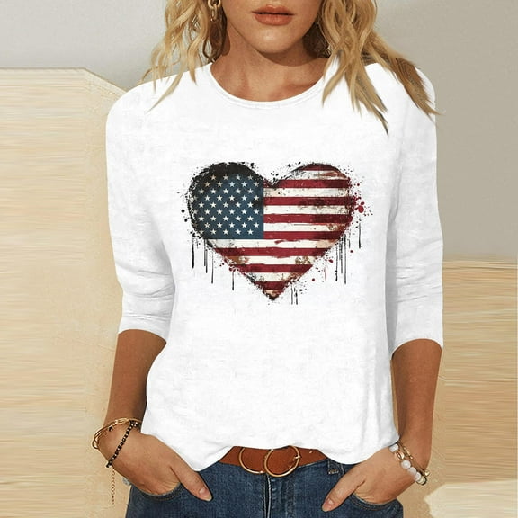CFLVAEK Vintage American Flag Heart Shirts Women 4th of July Graphic Tees Patriotic T Shirts Plus Size 3/4 Sleeve Round Neck Tops for Independence Day XXL