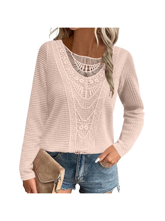 Waffle Knit Blouses for Women Lace Patchwork Round Neck Blouses Casual Long Sleeve T Shirts Solid Color Fall Going Out Tops Pink XXL