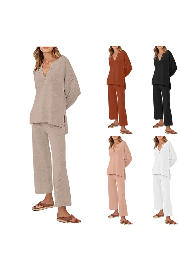 Waffle Knit Lounge Sets for Women Two Piece Casual Button Up Long Sleeve Shirts Wide Leg Pants Casual Outfit Set Black S