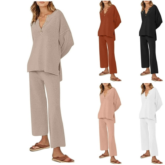 CFLVAEK Waffle Knit Lounge Sets for Women Two Piece Casual Button Up Long Sleeve Shirts Wide Leg Pants Casual Outfit Set Khaki XL