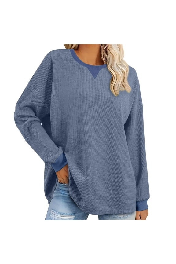Waffle Knit Tshirts for Women Loose Fitted Long Sleeve Pullover Tops Casual Crewneck Fall Blouses Solid Color Calssic Tops Blue XL