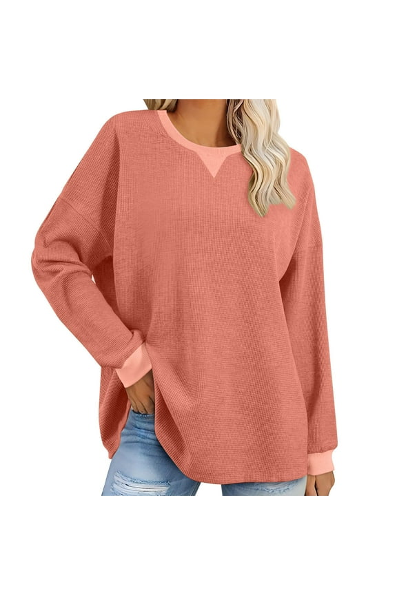 Waffle Knit Tshirts for Women Loose Fitted Long Sleeve Pullover Tops Casual Crewneck Fall Blouses Solid Color Calssic Tops Orange XL