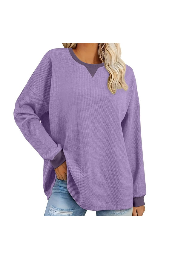 Waffle Knit Tshirts for Women Loose Fitted Long Sleeve Pullover Tops Casual Crewneck Fall Blouses Solid Color Calssic Tops Purple M
