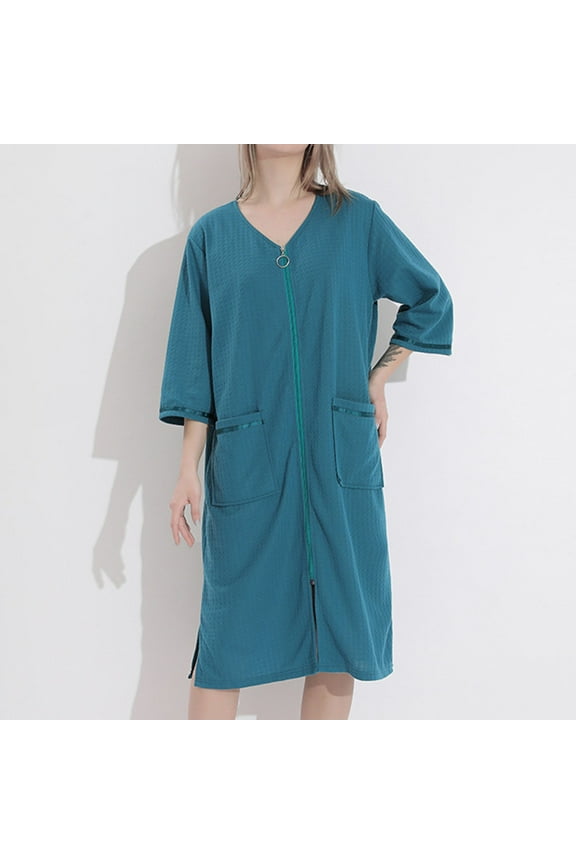 Waffle Robes for Women Plus Size Zipper Front Duster Robes with Front Pockets Lightweight 3/4 Sleeve House Coat Solid Color Loungewear Green XXXL