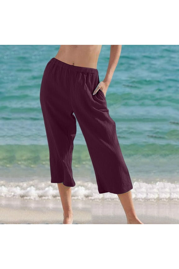 Wide Leg Capri Pant with Pocket for Women Baggy Solid Ruched Beach Pant Flowy Casual Straight Pedal Pushers Lightweight Mid Rise Streetwear Pants