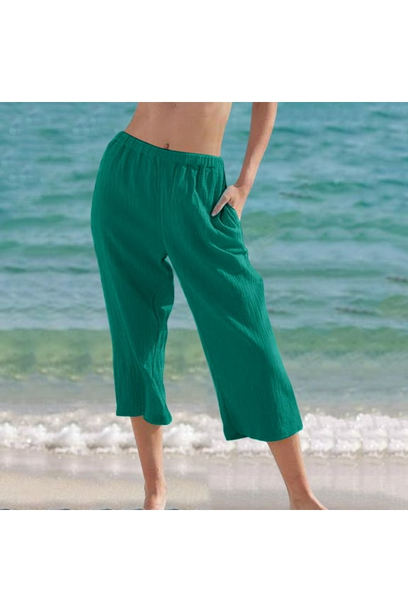 Wide Leg Capri Pant with Pocket for Women Baggy Solid Ruched Beach Pant Flowy Summer Casual Straight Pedal Pushers Lightweight Mid Rise Lounge Pants