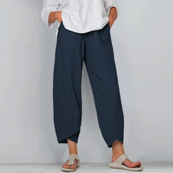 CFLVAEK Wide Leg Cotton Linen Pants for Women Comfy Petal Cuff Pull On Trousers Loose High Waist Beach Slacks Casual Ankle Length Resort Pant with Pockets Navy 2XL