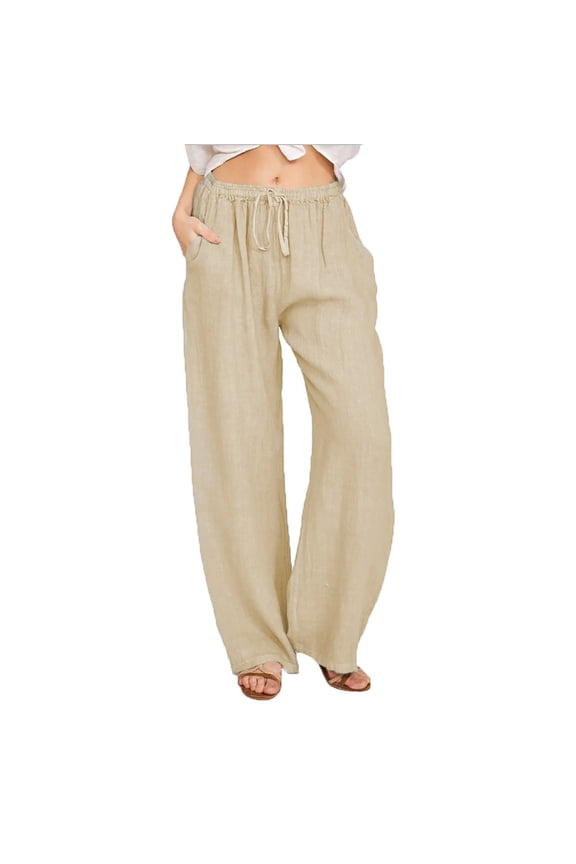 Wide Leg Lounge Pants for Petite Women Comfy Drawstring Pull On Trousers Pants Elastic Low Waist Beach Slacks Casual Full Length Office Pants Khaki S
