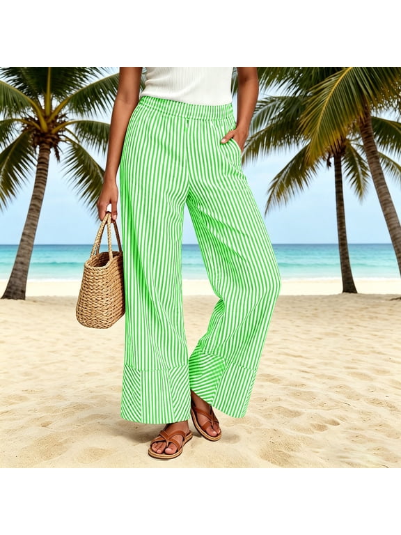 Wide Leg Pants for Women Trendy Striped Pring Summer Pants Casual Elastic High Waisted Trousers for Vacation Beach Travel Mint Green S