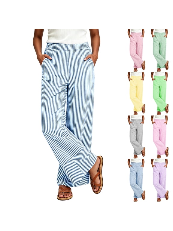 Wide Leg Pants for Women Trendy Striped Pring Summer Pants Casual Elastic High Waisted Trousers for Vacation Beach Travel Mint Green XL