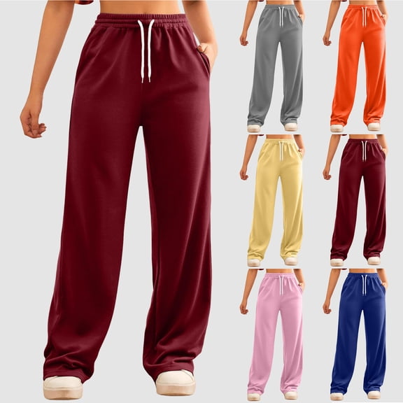 CFLVAEK Wide Leg Sweatpants for Women with Pockets Casual Drawstring High Waisted Joggers Pants Open Bottom Workout Sweat Pants Solid Color Gym Sports Track Pants Blue M