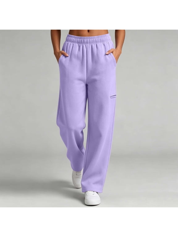 Wide Leg Sweatpants for Women with Pockets Casual Elastic Waist Workout Sweatpant Fall Winter Solid Color Basic Sweat Pants Purple XXL