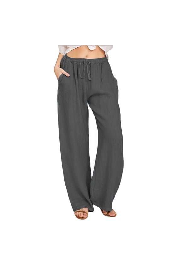 Wide Leg Trouser Style Lounge Pants for Petite Women Cotton Linen Elastic Medium Waist Beach Trousers Casual Tall Length Solid Color Slacks with Drawstring Dark Gray S