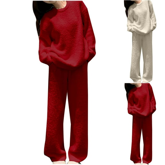 CFLVAEK Winter Pajamas Sets for Women Fuzzy Fleece Long Sleeve Tops with Pants Sleepwear Set 2 Piece Thermal Warm Loungewear with Pocket Red
