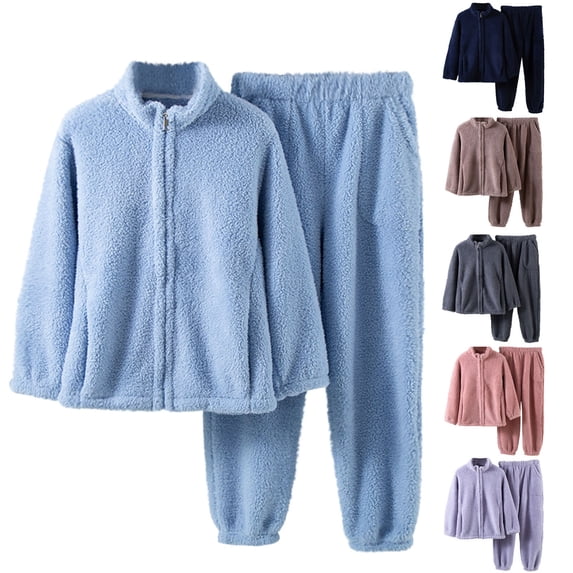 CFLVAEK Winter Pajamas Sets for Women Fuzzy Zip Up Long Sleeve Tops and Pants Pjs Set 2 Piece Thermal Winter Sleepwear with Pockets Dark Gray