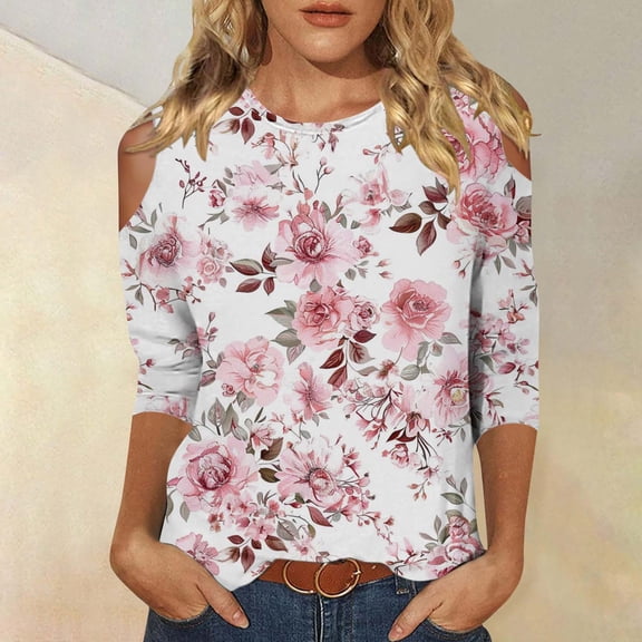CFLVAEK Women Blouses Boho Floral Print Shirts Cold Shoulder 3/4 Sleeve Tunic Tops Casual Round Neck Trendy Blouses for Fashion