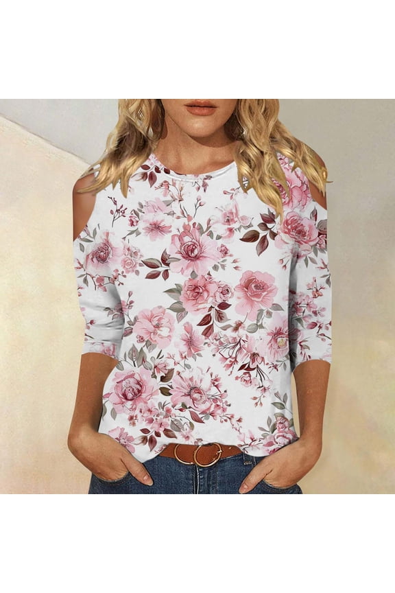 Women Blouses Boho Floral Print Shirts Cold Shoulder 3/4 Sleeve Tunic Tops Casual Round Neck Trendy Blouses for Fashion