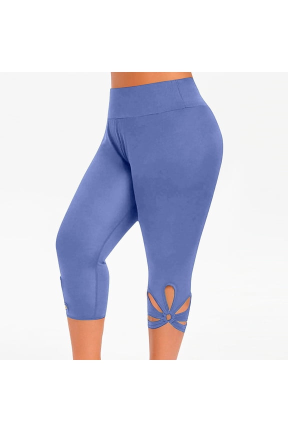 Women Butt Lift Gym Leggings Breathable Flower Shape Cropped Pants Elastic High Rise Solid Pant Tummy Control Butt Lift Legging Blue XL