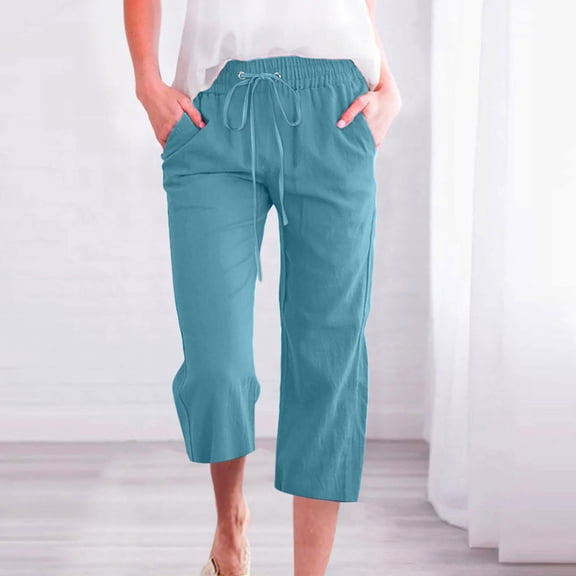 CFLVAEK Women Cotton Linen Capri Pants with Drawstring Straight Wide Leg Beach Pant Baggy Solid Going Out Trousers Loose Elastic Waist Pedal Pushers