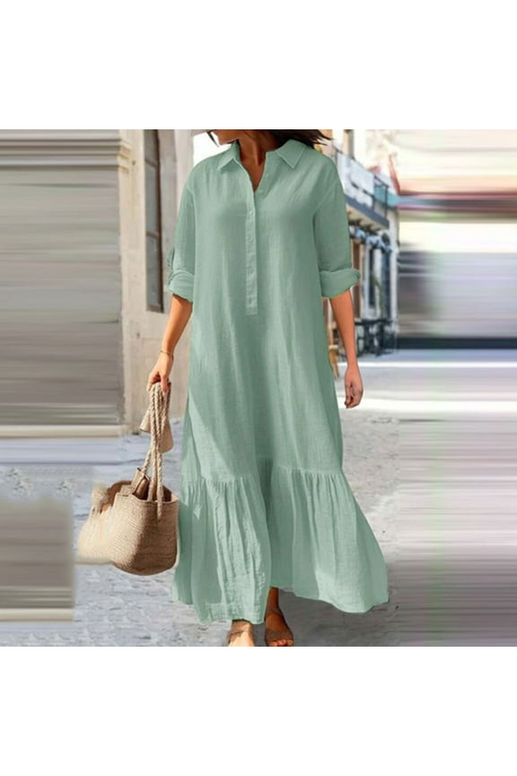 Women Cotton Linen Dresses Casual Button Down Maxi Dress Loose Short Sleeve Collared Henley Dresses Lightweight Solid Beach Dress with Pockets Green XXL