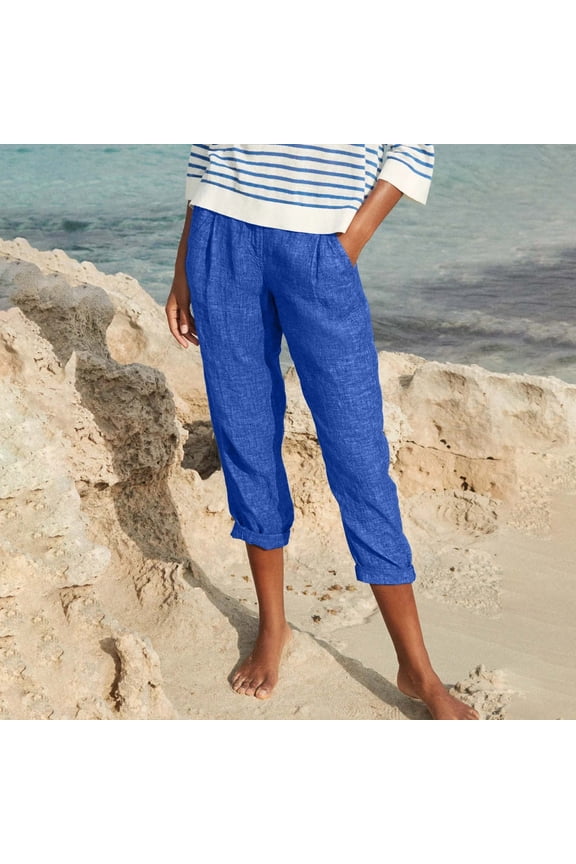 Women Imitation Denim Capri Pant with Pocket Loose Fit Solid Ruched Beach Pant Moisture Wicking Straight Pedal Pushers Lightweight Mid Rise Ladies Going Out Pants