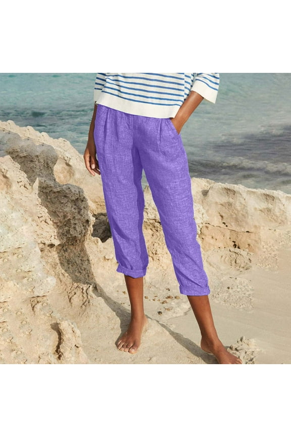 Women Fake Denim Distressed Capri Pant with Pocket Casual Solid Ruched Beach Pant Flowy Breathable Straight Pedal Pushers Comfy Mid Rise Ladies Lounge Pants Purple XXL