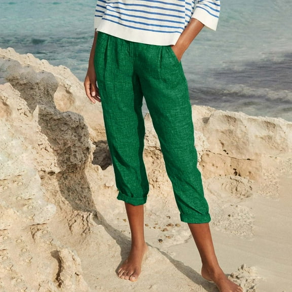 CFLVAEK Women Fake Denim Distressed Capri Pant with Pocket Casual Solid Ruched Beach Pant Flowy Breathable Straight Pedal Pushers Comfy Mid Rise Ladies Lounge Pants Green L