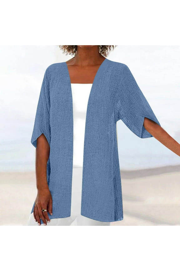 Women Fall Cardigan Casual Short Sleeve Duster Cardigans Breathable Solid Cotton Cover Ups Draped Open Front Beach Jackets