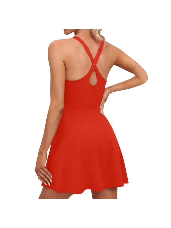 Women Golf Athletic Dresses Built in Shorts and Bra Sporty Adjustable Strap A Line Dress Summer Back-Cross Design Activewear Dresses