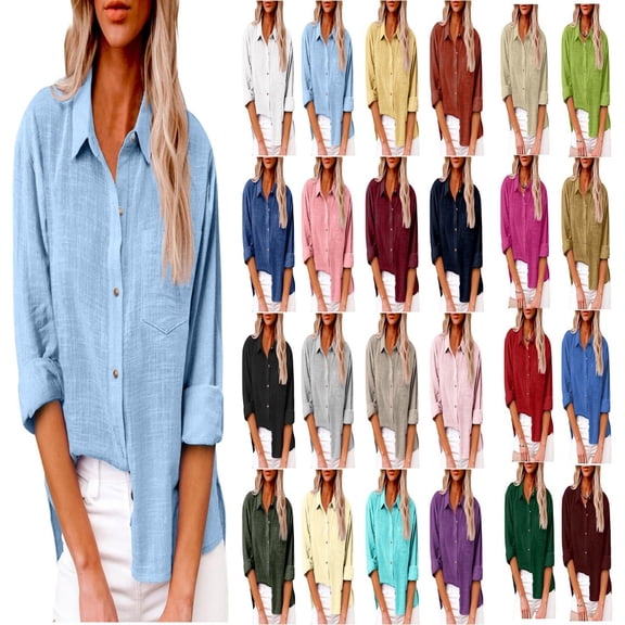 CFLVAEK Women Oversized Cotton Linen Tops with 1 Pocket Spread Collar Button Down Shirts Loose Fit 3/4 Sleeve Blouses Lightweight Solid Color Going Out T Shirt Yellow XL