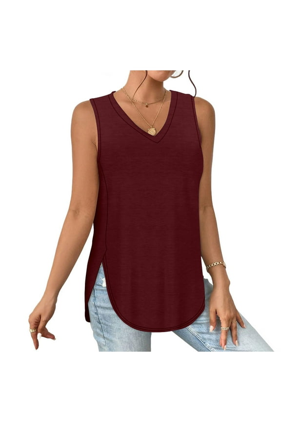 Women Solid Tank Tops V Neck Sleeveless Side Split Moisture Wicking Tops Loose Fit Curved Hem Athletic Sport Shirts