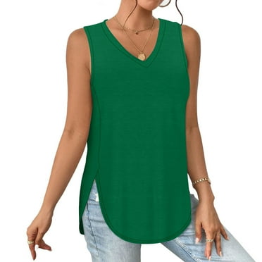CFLVAEK Women Solid Tank Tops V Neck Sleeveless Side Split Moisture Wicking Tops Loose Fit Curved Hem Athletic Sport Shirts