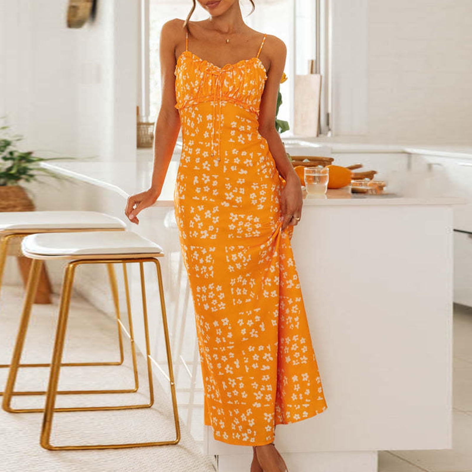CFLVAEK Women Spaghetti Strap Bodycon Dresses Floral Print Long Cami Slip Dress Summer Slim Fit Corset Beach Dress Sleeveless Empire Waisted Midi Dress Walmart