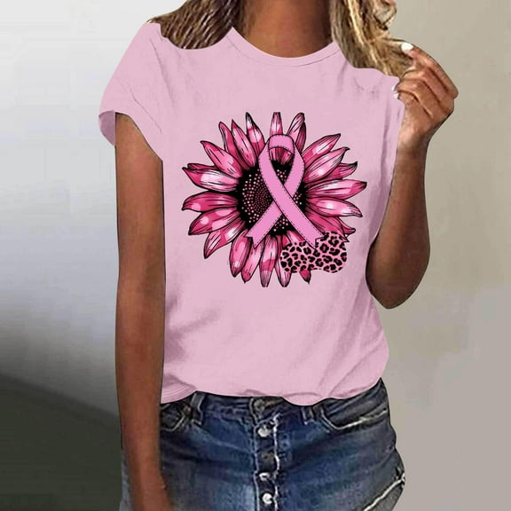 CFLVAEK Women's Breast Cancer Awareness Shirts Loose Fit Short Sleeve Tshirt Pink Sunflower Ribbon Graphic Tees Casual Round Neck Tops Cancer Survivor Gift Shirt S