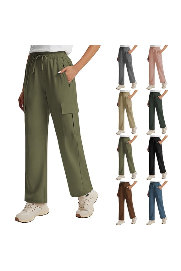 Women's Cargo Capris Quick Dry Water Resistant Wide Leg Hiking Pants with Pockets Travel Casual Drawstring Elastic Waist Trousers Khaki L