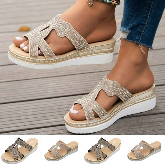CFLVAEK Women's Dressy Rhinestone Platform Sandals Comfort Arch Support Wedge Sandals Casual Open Toe Slide Sandals Summer Outdoor Beach Footwear Size 5.5