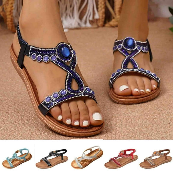 CFLVAEK Women's Dressy Rhinestone Summer Beach Sandals Comfort Arch Support Sandal Casual Open Toe Ankle Strap Sandals for Party Size 5.5