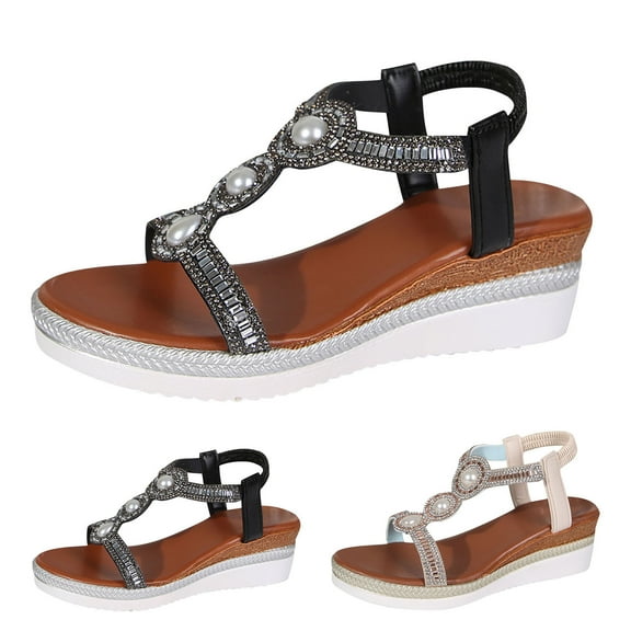 CFLVAEK Women's Dressy Rhinestone Summer Beach Sandals Comfort Arch Support Wedges Sandal Casual Ankle Strap Beach Walking Sandals Size 7.5