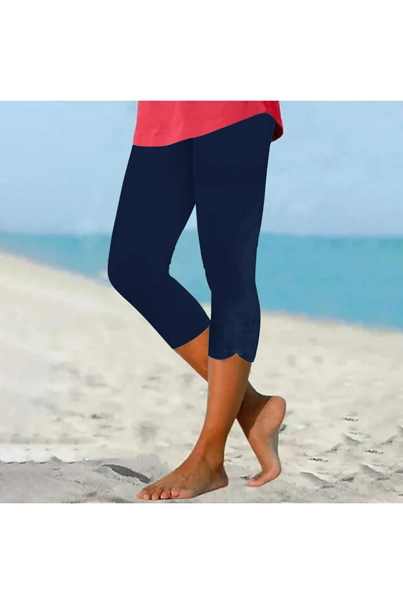 Women's Elastic Waist Capri Pants Tummy High Rise Cropped Pant Stretch Knee Length Capris Lightweight Solid Yoga Pant