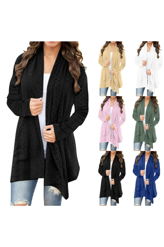 Women's Eyelet Cardigan Loose Fit Long Sleeve Cardigans Casual Open Front Fall Cardigan Sweaters Elegant Embroidery Cover Ups White S