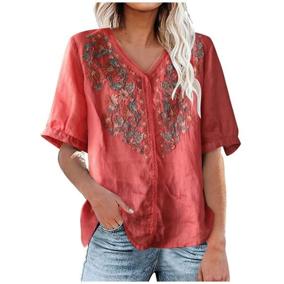 CFLVAEK Women's Gauze Tops Cotton Linen Embroidered V Neck Shirts Casual Short Sleeve T Shirt Loose Fit Jacquard Blouses