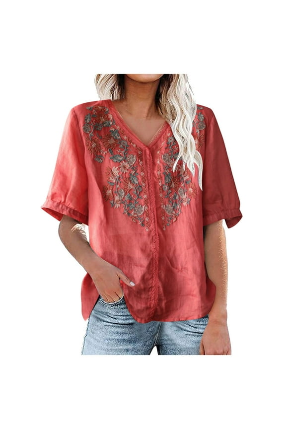 Women's Gauze Tops Cotton Linen Embroidered V Neck Shirts Casual Short Sleeve T Shirt Loose Fit Jacquard Blouses