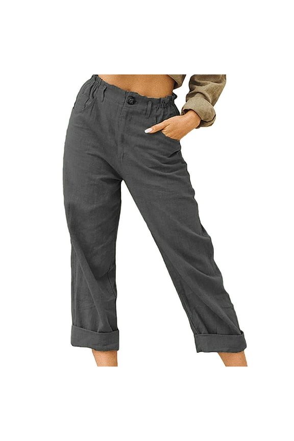 Women's High Waist Capri Pants with Side Pockets Comfy Lightweight Cotton Linen Capris Straight Wide Leg Lounge Trousers Classic Plain Color Culottes Pants