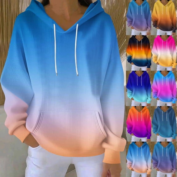 CFLVAEK Women's Hoodies Fashion Gradient Graphic Hoodie Loose Long Sleeve Fall Hooded Sweatshirts Casual Drawstring Pullover Tops Yellow XXL