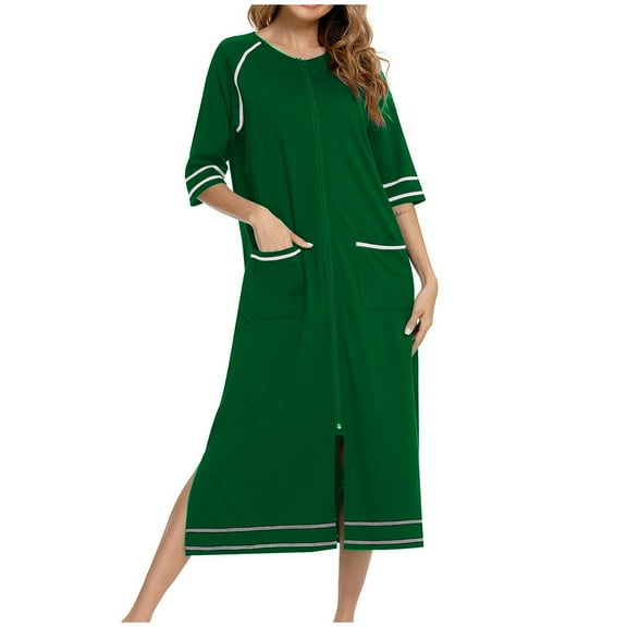 CFLVAEK Women's House Coats Lightweight Knee Length Zipper Front Robes Casual 3/4 Sleeve Loungewear with Pockets Solid Color Fall Winter Nightgowns Green M