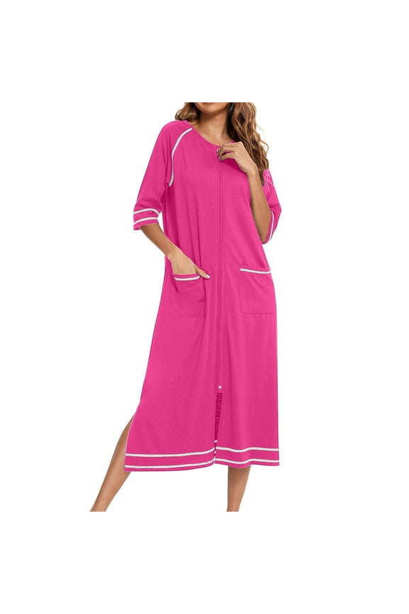 Women's House Coats Lightweight Knee Length Zipper Front Robes Casual 3/4 Sleeve Loungewear with Pockets Solid Color Fall Winter Nightgowns Hot Pink S